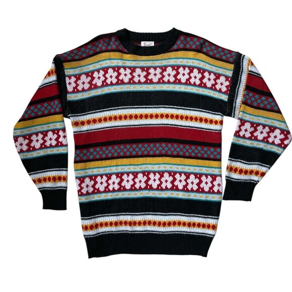 80s vintage daisy stripe sweater retro twee pattern acrylic crewneck print. - Picture 5 of 7